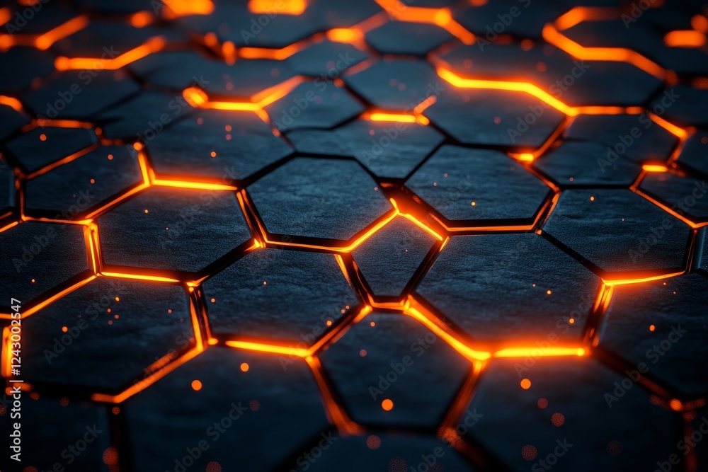 Abstract 3D rendering of layered hexagonal grids with glowing edges., Generative AI Abstract 3D rendering of layered hexagonal grids with glowing edges., Generative AI