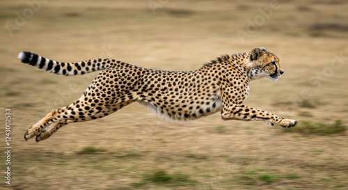 Cheetah in full sprint across savannah grassland