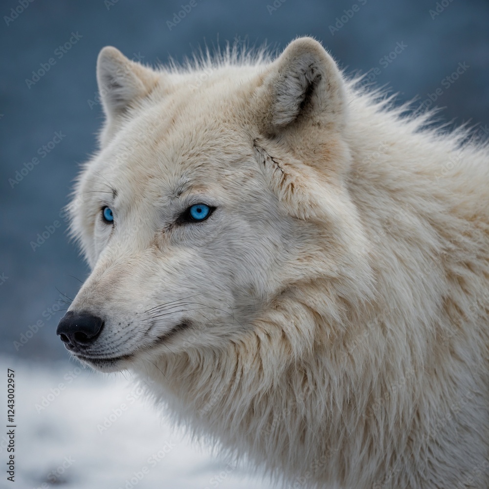A gentle white Arctic wolf with piercing blue eyes, blending into the pure background. A gentle white Arctic wolf with piercing blue eyes, blending into the pure background.
