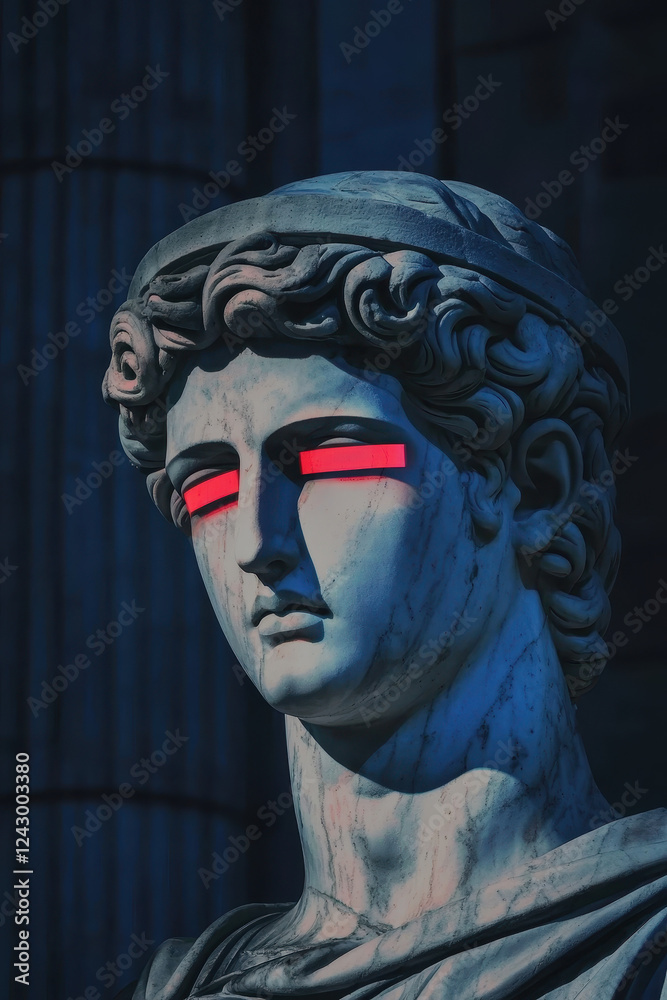 Classical Marble Statue with Neon Lighting Contrasts and Modern Digital Art Elements at Night