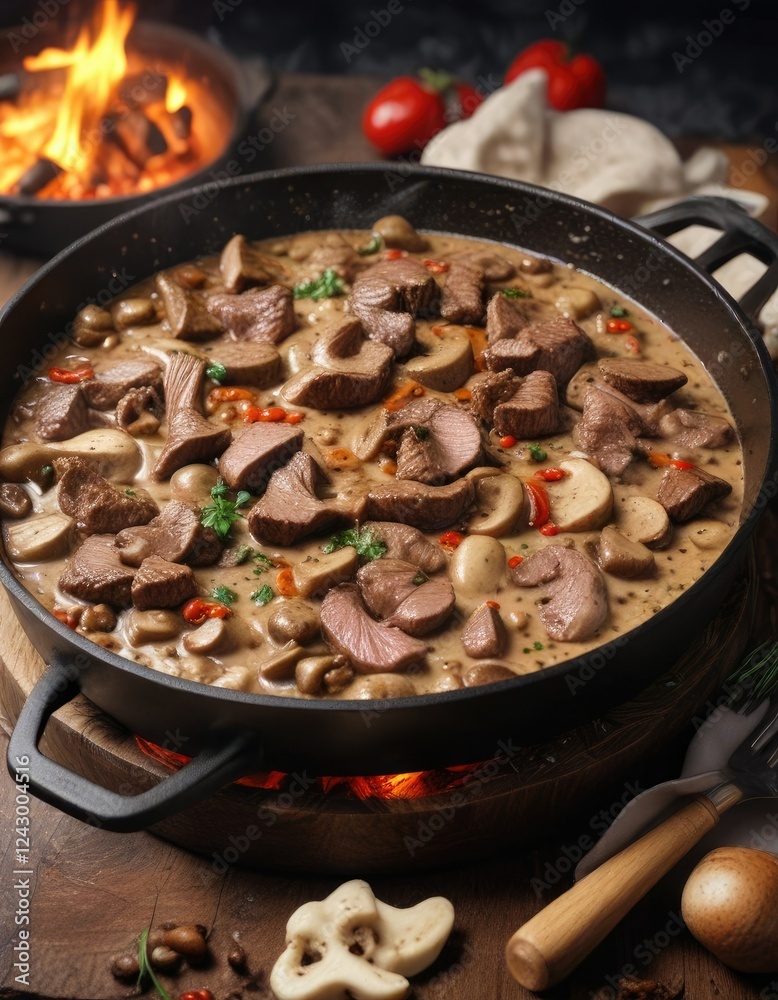 Sizzling pan of beef and mushrooms in a creamy sauce, saut?ed mushrooms, creamy sauce Sizzling pan of beef and mushrooms in a creamy sauce, saut?ed mushrooms, creamy sauce