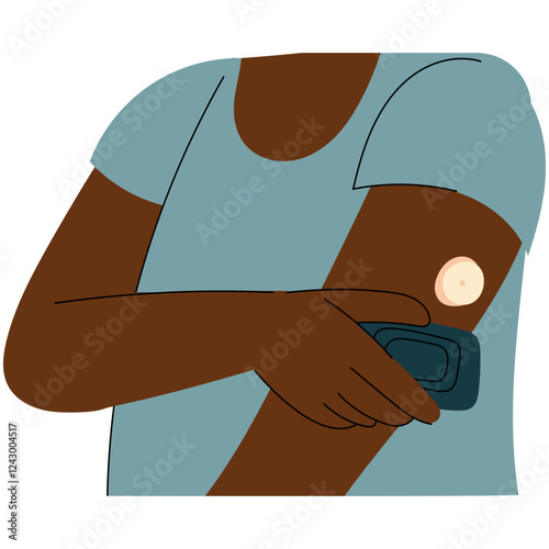 Woman wearing a wearable blood sugar monitor. Diabetes management and health technology.