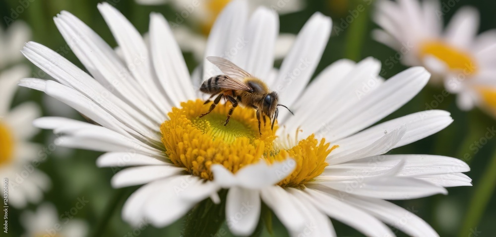 Small bee-like insect crawling on the petals of a daisy flower, flower, daisy Small bee-like insect crawling on the petals of a daisy flower, flower, daisy