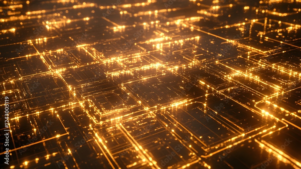 Obraz premium Golden Network: Abstract Digital Grid