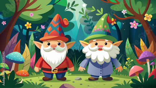 Two cute gnomes with white beards and colorful hats against lovely forest