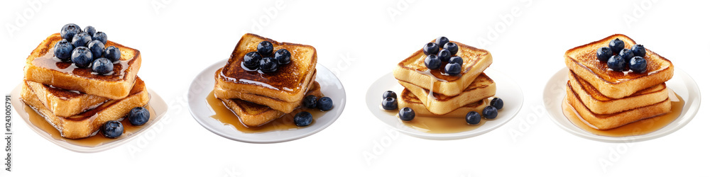 French toasts with maple sirup and blueberry isolated on transparent background, PNG, Set of