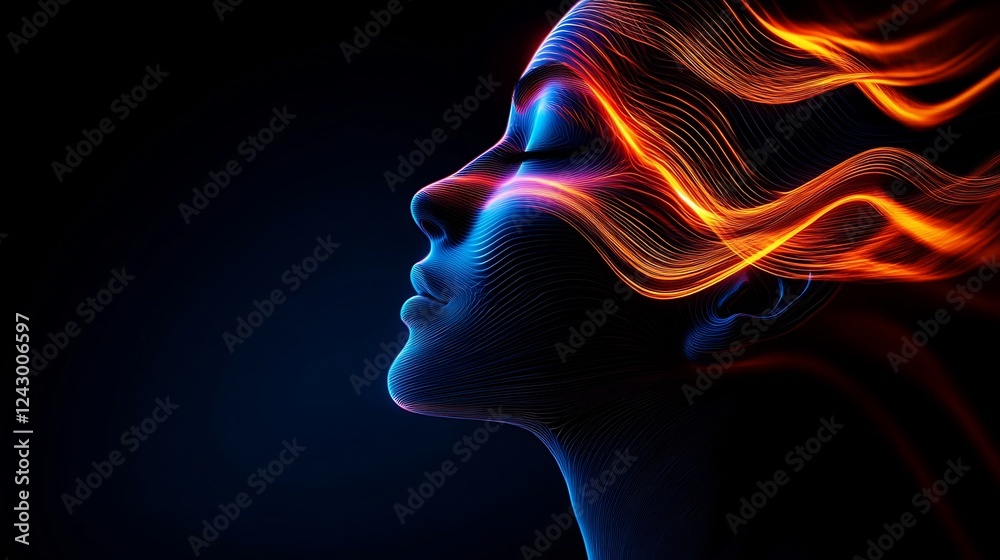 Abstract portrait of a woman with flowing fire hair, symbolizing passion and energy. Abstract portrait of a woman with flowing fire hair, symbolizing passion and energy.