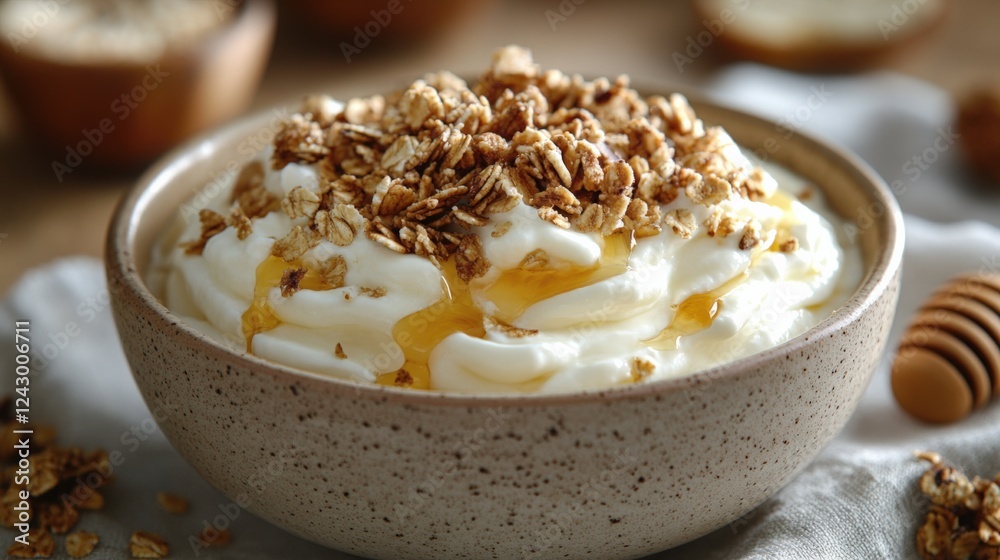 Delicious Yogurt Bowl Topped With Granola and Honey Drizzle. Generative AI Delicious Yogurt Bowl Topped With Granola and Honey Drizzle. Generative AI