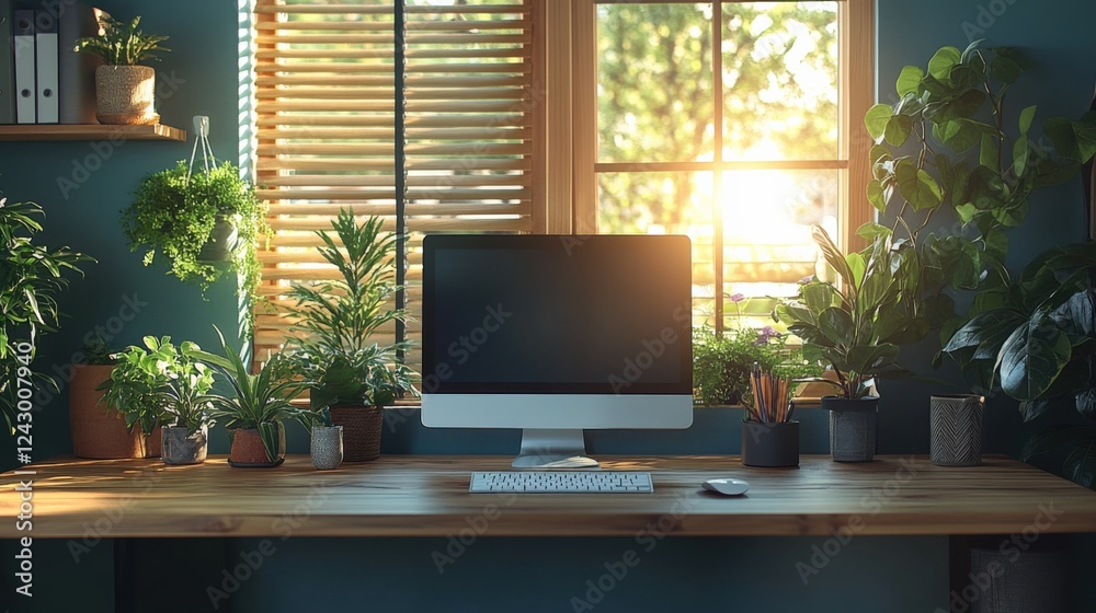 Home Office Setup With Natural Sunlight Streaming In. Generative AI Home Office Setup With Natural Sunlight Streaming In. Generative AI