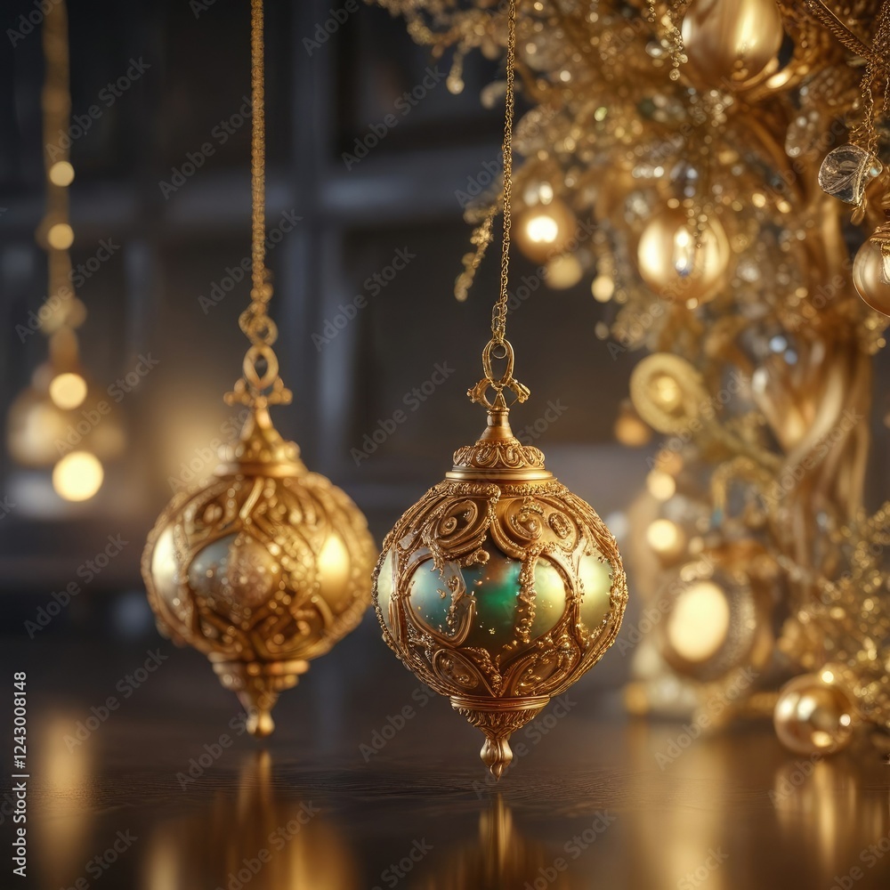 Softly glowing aurora borealis behind delicate gold ornaments, winter wonderland, abstract gold Christmas background Softly glowing aurora borealis behind delicate gold ornaments, winter wonderland, abstract gold Christmas background