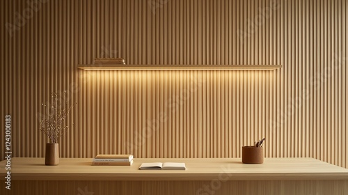 A modern home office setup with energy-efficient LED lighting and sustainable furniture, eco-friendly workspace, minimalistic design, natural wood tones, contemporary aesthetics, productivity and