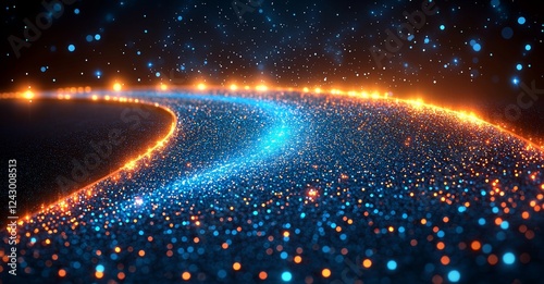 Futuristic hi-tech blue waves, composed of glowing lines and dots like particles, swirl with a blur effect on a dark background. Abstract background