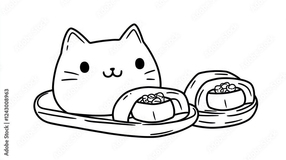 Cute cat sushi slippers; playful illustration Cute cat sushi slippers; playful illustration