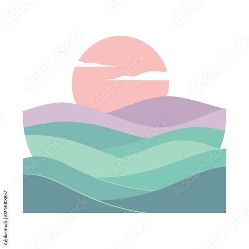  a misty sunrise over rolling hills with blended pastel color hues.