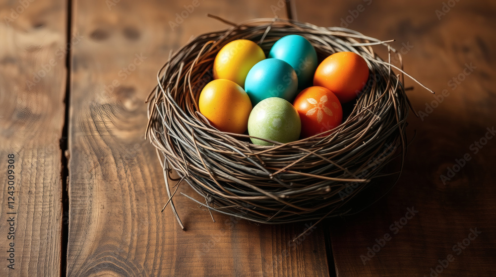 bird's nest filled with colorful Easter eggs rests on a rustic wooden surface | generative AI bird's nest filled with colorful Easter eggs rests on a rustic wooden surface | generative AI