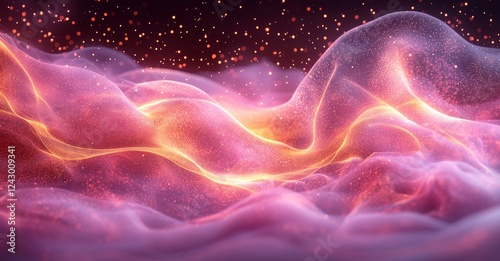 Abstract purple energy waves in a futuristic, high-tech glowing particles background