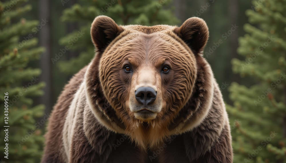 Powerful brown bear standing confidently in front of evergreen trees in a forest setting Powerful brown bear standing confidently in front of evergreen trees in a forest setting
