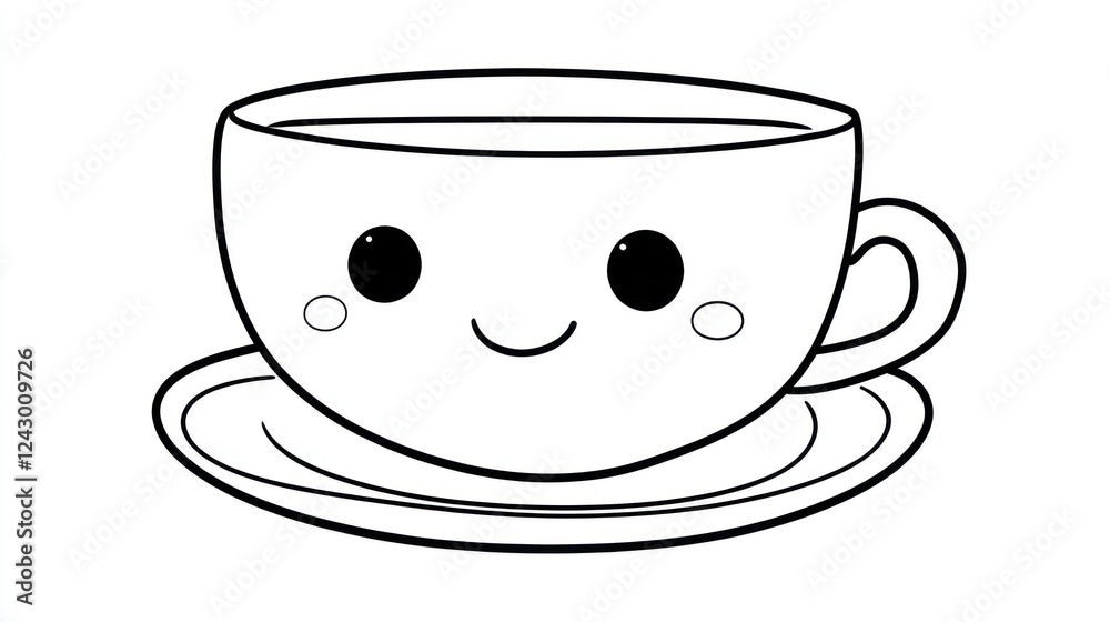 Cute cartoon teacup, smiling face, saucer, white background, kids coloring Cute cartoon teacup, smiling face, saucer, white background, kids coloring