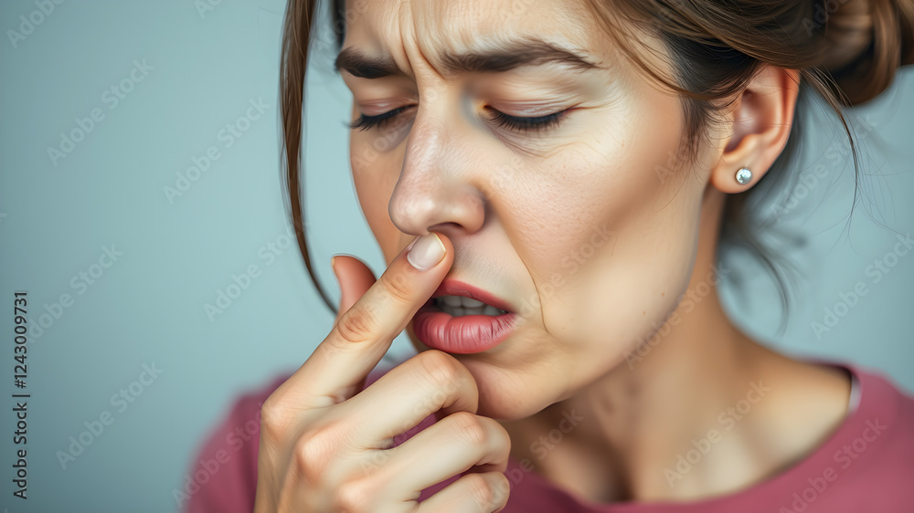 A woman pinching her nose due. Generative AI A woman pinching her nose due. Generative AI