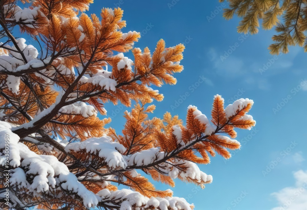Pine branches heavy with snow and autumn leaves against a blue sky, winter tree scene, autumnal foliage Pine branches heavy with snow and autumn leaves against a blue sky, winter tree scene, autumnal foliage