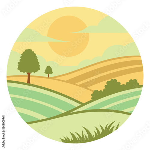  a peaceful countryside scene with in green and gold