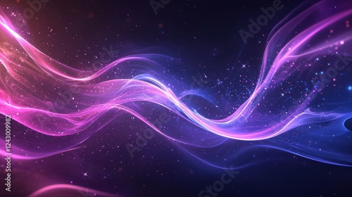Abstract glowing wave with purple and blue hues, sparkling particles on dark background. Dynamic, cosmic energy.