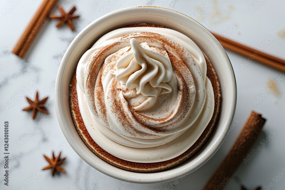 Fototapeta premium Silky Cinnamon Cream Topping on a Pristine White Background, Aerial View of an Edible Treat