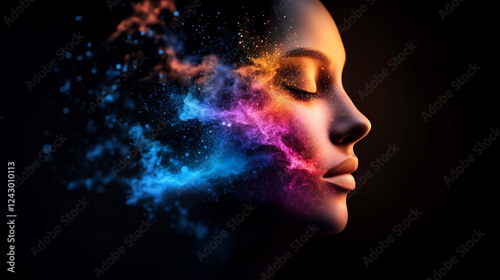 Obraz premium Woman experiencing burning mind in a colorful universe