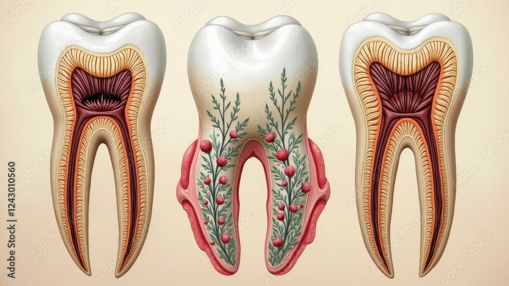 Artistic Tooth Cross-Section with Beautifully Integrated Floral Patterns Artistic Tooth Cross-Section with Beautifully Integrated Floral Patterns