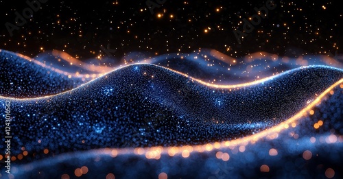 An enchanting scene with ethereal blue energy lines and shimmering, magical particles against a futuristic hi-tech backdrop