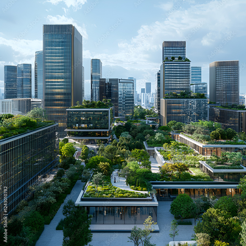 Fototapeta premium Urban Oasis: A stunning aerial view of a modern city skyline interspersed with verdant green rooftops and parks, showcasing a harmonious blend of urban development and environmental consciousness.