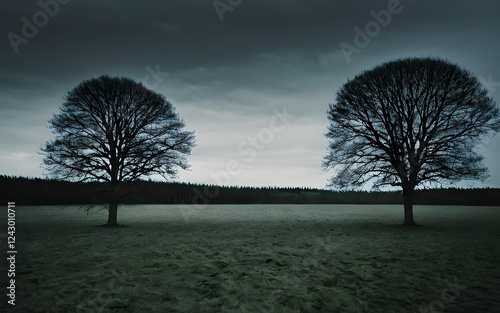 Wide open field with a dark trees