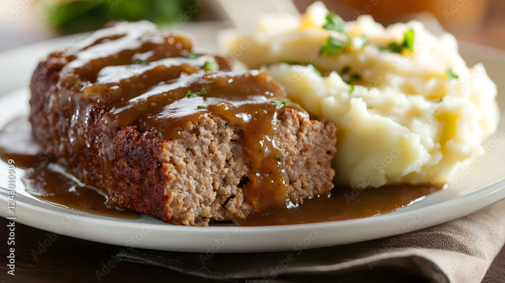 Elegant Presentation of Meatloaf with Gravy and Mashed Potatoes Elegant Presentation of Meatloaf with Gravy and Mashed Potatoes
