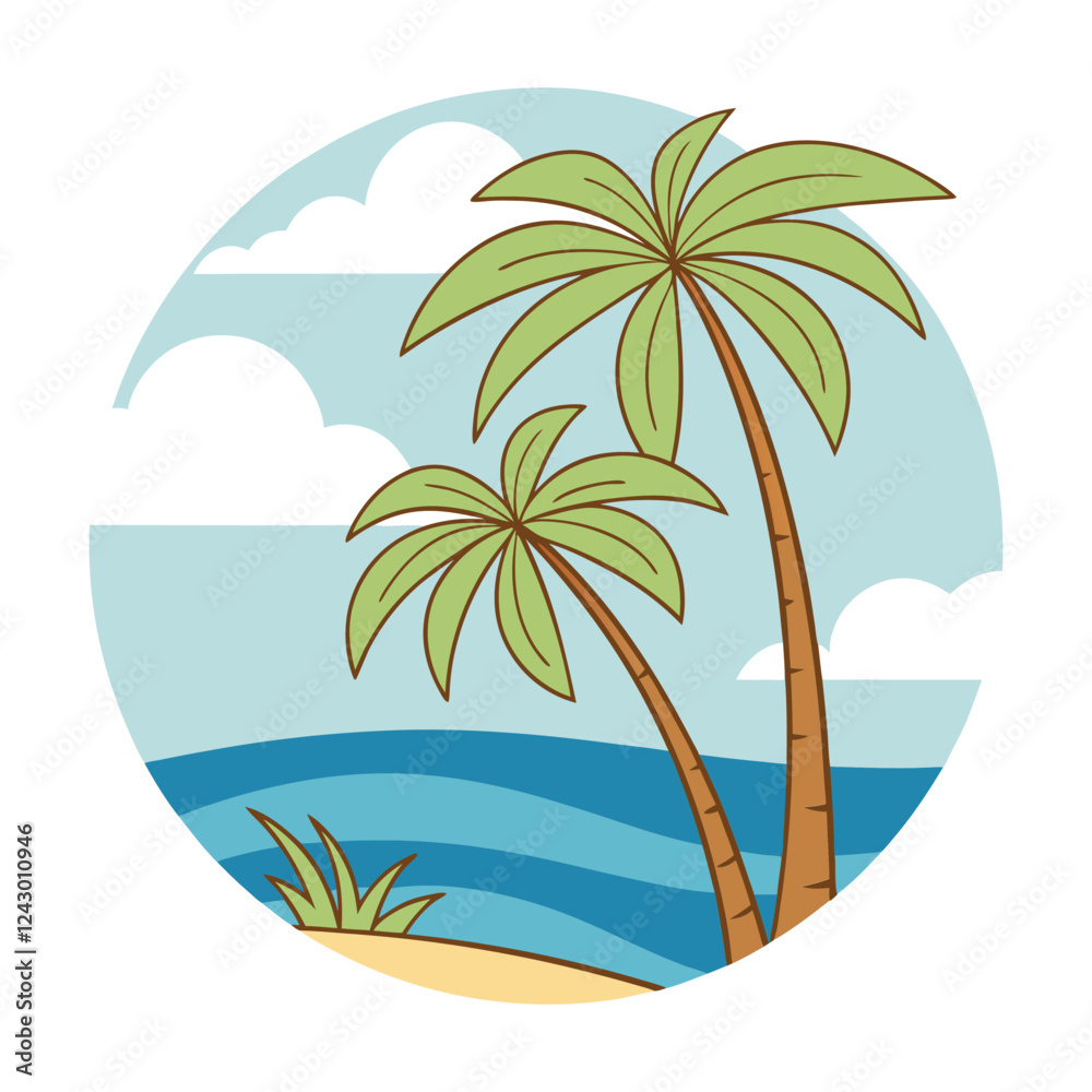 Obraz premium a tropical island scene with palm trees and an ocean backdrop