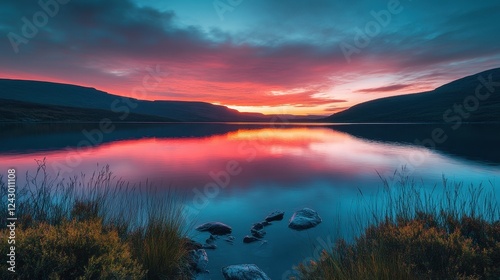 Sunset reflections over a serene river with mountains in the background and lush trees on the shoreline