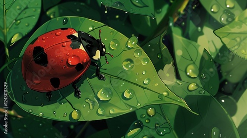 A ladybug resting on a leaf, its red shell with black spots contrasting against the green foliage, with droplets of morning dew on the leaf. --ar 169 --v 6.0 - Upscaled (Subtle) by @feroz (relaxed)