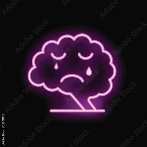 Neon style icon of a brain with a sad expression, symbolizing mental health issues