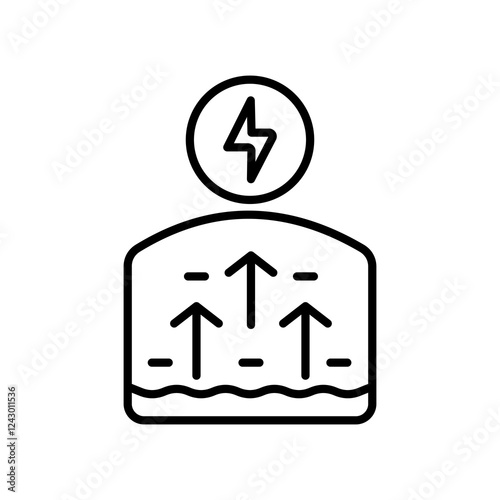 Geothermal Energy line icon, People symbolizing growth and innovation, with arrows and lightning. Ideal for renewable energy.