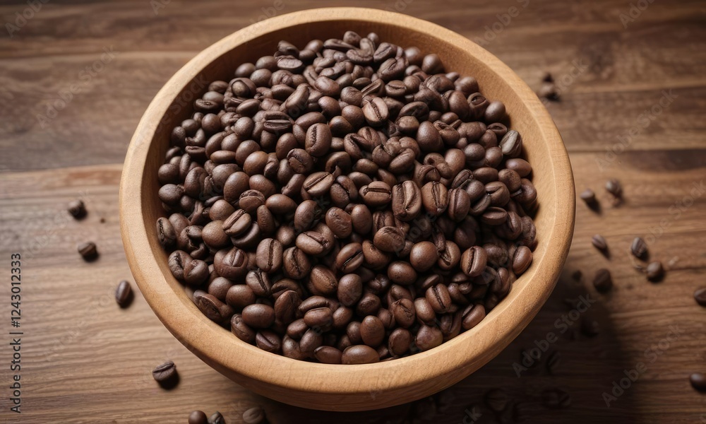 Richly textured coffee beans piled high in a wooden bowl , coffee beans, texture, artisanal coffee Richly textured coffee beans piled high in a wooden bowl , coffee beans, texture, artisanal coffee