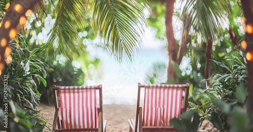 Chairs and a parasol shaded by palm leaves on a tropical beach with sunny sand and ocean - an abstract, defocused seascape featuring glittering effects.