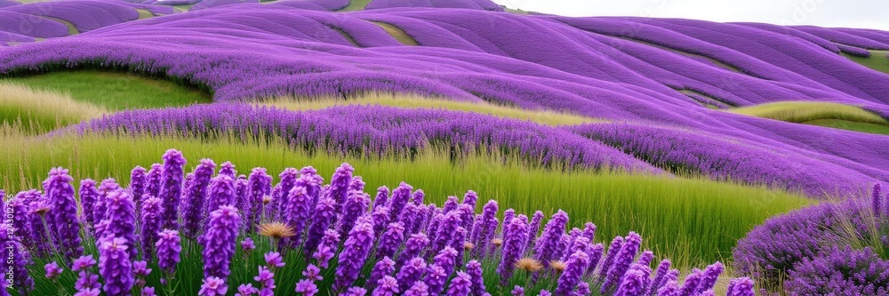 Obraz premium Rolling hills of vibrant purple flowers swaying gently in the breeze, colorful blooms, colorful meadow, serene countryside