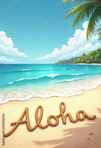 Beach scene with the word Aloha written in sand under a bright blue sky and gentle waves at a tropical shoreline