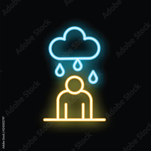 Neon sign icon of a sad person standing under a rain cloud