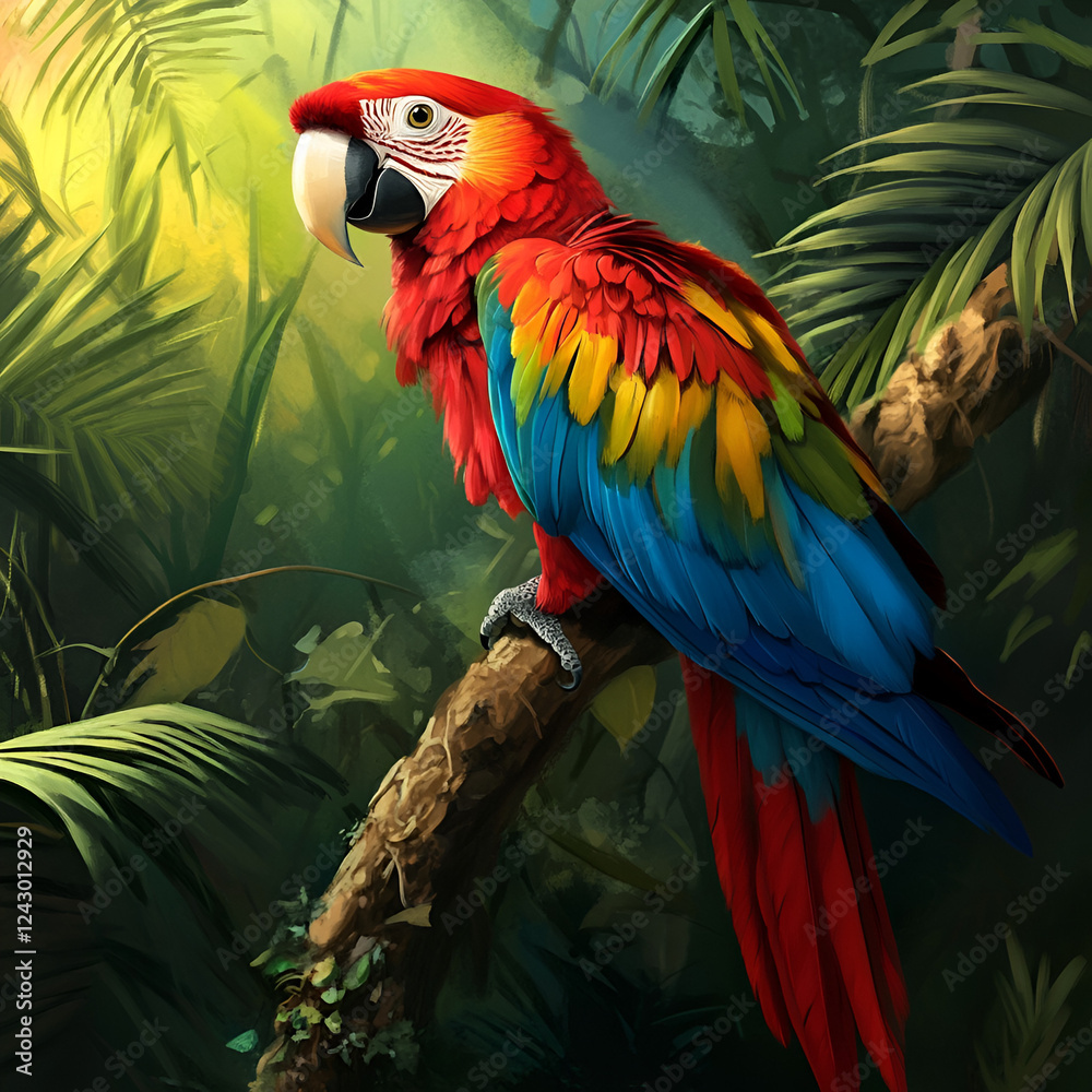Fototapeta premium Scarlet Macaw in Tropical Paradise: A vibrant scarlet macaw perches on a branch amidst lush tropical foliage, its plumage shimmering with red, yellow, and blue hues under the warm glow of the sun.