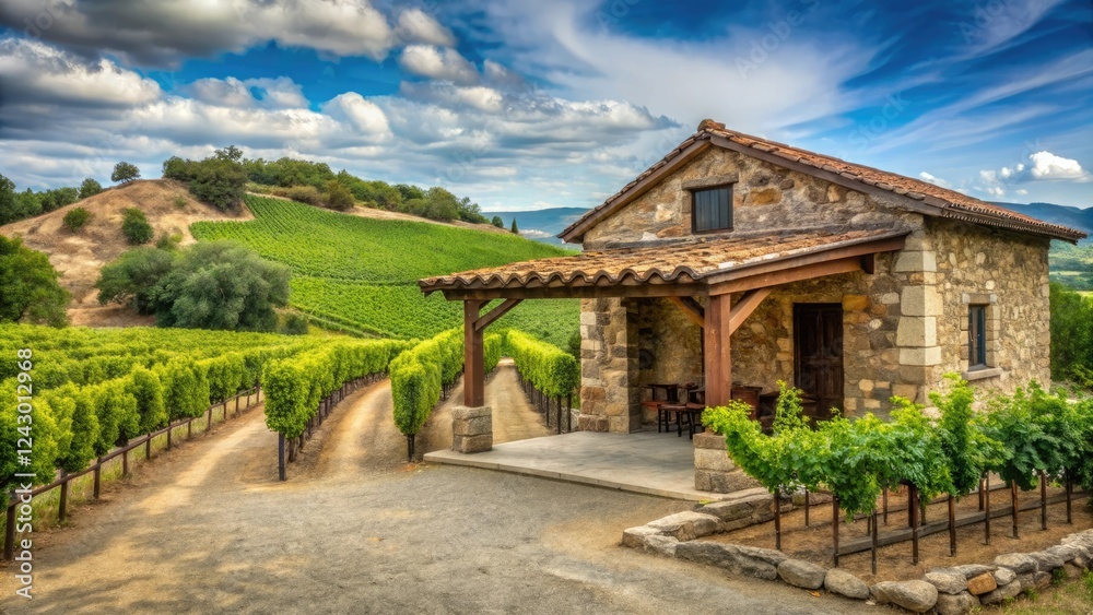 Rustic stone winery building with a grape arbor and rolling hills, rustic, countryside Rustic stone winery building with a grape arbor and rolling hills, rustic, countryside
