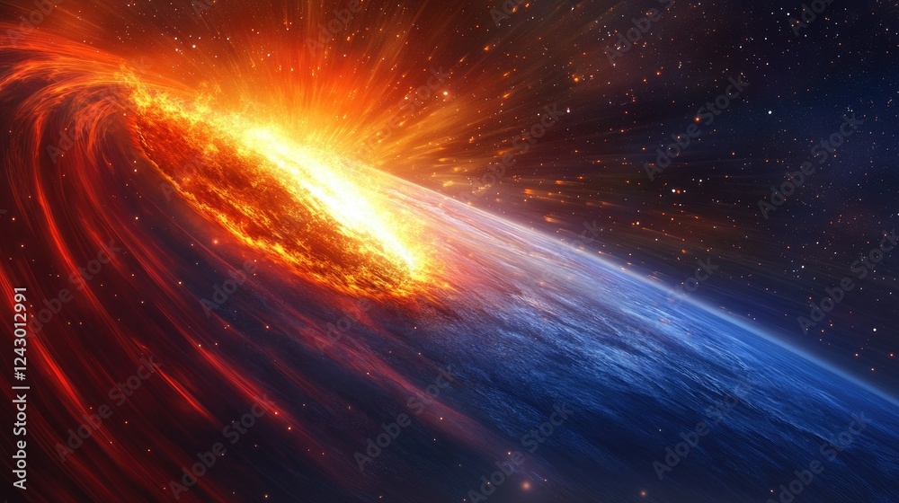 Obraz premium Dramatic illustration of Earth's perihelion point, with the planet's glowing blue surface and the Sun's fiery red-orange rays filling the scene