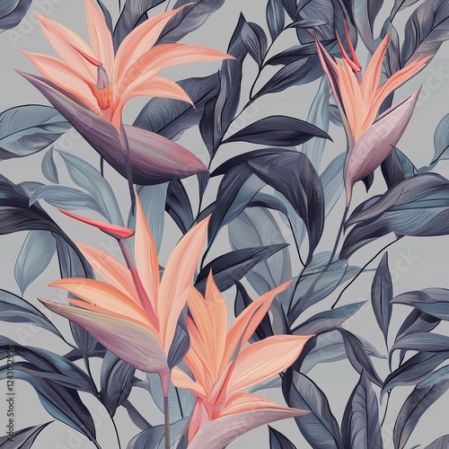 A seamless pattern featuring hand-drawn grunge tropical leaves and flowers. The abstract background includes banana leaf and bird-of-paradise flower silhouettes.