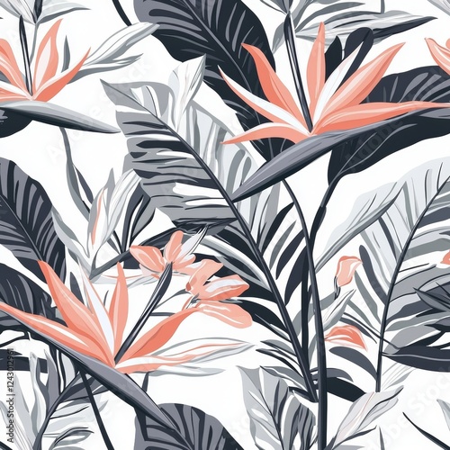 An abstract, hand-drawn background with a seamless pattern of grunge tropical leaves and flowers. It showcases banana leaf and bird-of-paradise flower silhouettes.