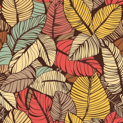 Grunge-style tropical leaves and flowers set against a geometric diamond background.
