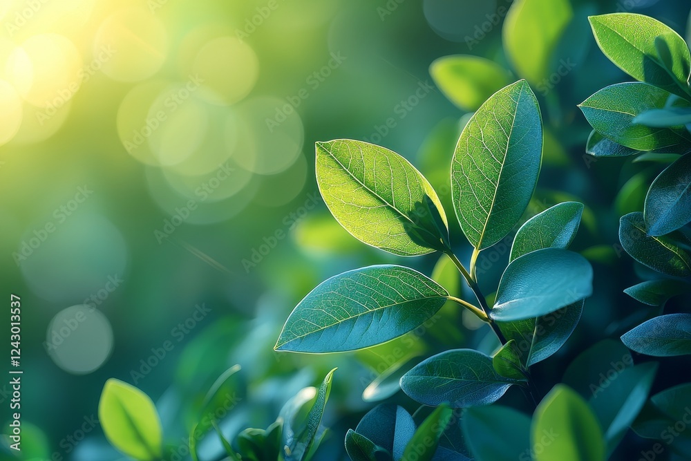 Blurred bokeh background featuring fresh green spring foliage and lush summer tree leaves against a blue sky with a sun flare Blurred bokeh background featuring fresh green spring foliage and lush summer tree leaves against a blue sky with a sun flare